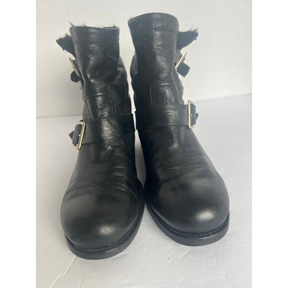 Jimmy Choo Black Soft Leather Fur Lined Low Heel Ankle Biker Moto Boots Sz 8 - Picture 3 of 14